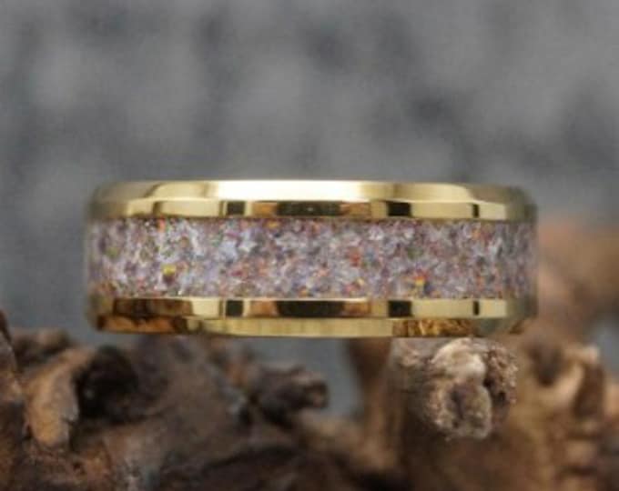 Black Opal & Madagascar White Opal inlaid Gold Tungsten Ring: Natural White Opal Inlay, Unique Band