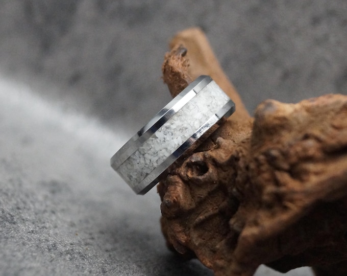 White Moonstone Tungsten Wedding Band: Unique Crystal Ring