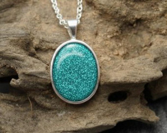 Personalised Sterling Silver Oval Pendant and 18" Trace Chain both Hallmarked 925 including Ashes or Hair Inlaid With Aqua Eco-glitter