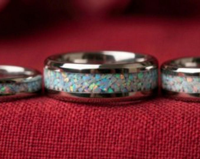 Fire & Snow Opal Tungsten Ring - Unique Wedding Band