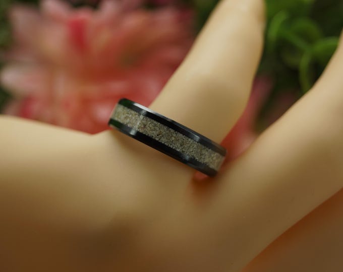 Black Ceramic ring inlaid with Natural beach Sand from MOHO beach, Sint Maarten, Caribbean, 4 mm, 6 mm or  8 mm Wide Rings - Unique Ring