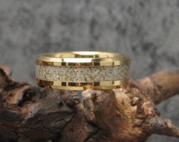 Beach Sand Gold Tungsten Wedding Band with Mica Sparkle: Unique Inlaid Ring