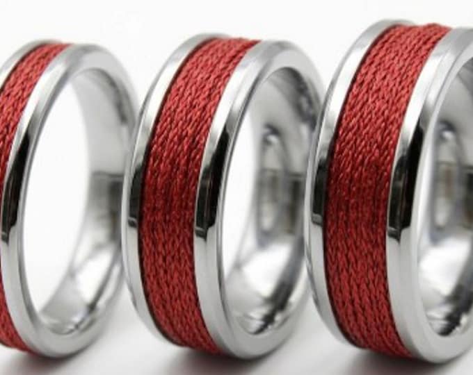 Kevlar Red Braided Line Inlaid Tungsten Ring, Genuine Kevlar Line - Rings available 4 mm, 6 mm or 8 mm wide ring.