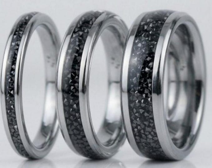 Black CZ Stones Inlaid Tungsten Carbide Ring - Available 4mm, 6mm or 8mm wide