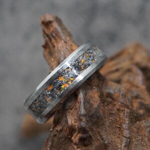 Fire Opal & Peacock Ore Inlay Tungsten Ring