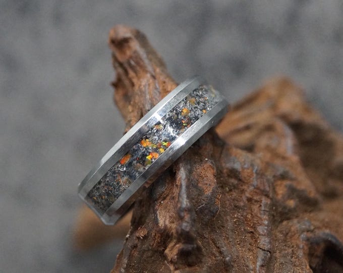 Fire Opal & Peacock Ore Inlay Tungsten Ring