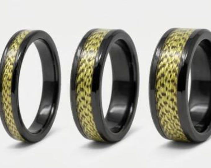 Spider-Line Green Black fishing Line Black Ceramic ring inlaid with Genuine fishing Line - UV Glow Ring 4 mm, 6 mm or 8 mm wide ring.