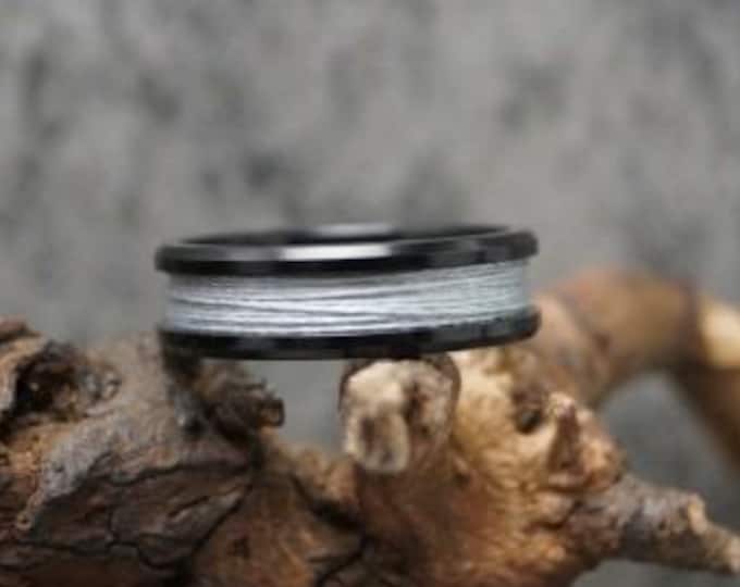 Silver fishing Line Black Ceramic ring inlaid with Genuine fishing Line 4 mm, 6 mm or 8 mm wide ring.