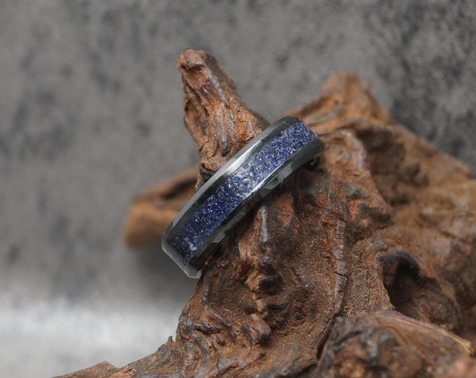 Dark Blue Goldstone Inlay Black Ceramic Wedding Band