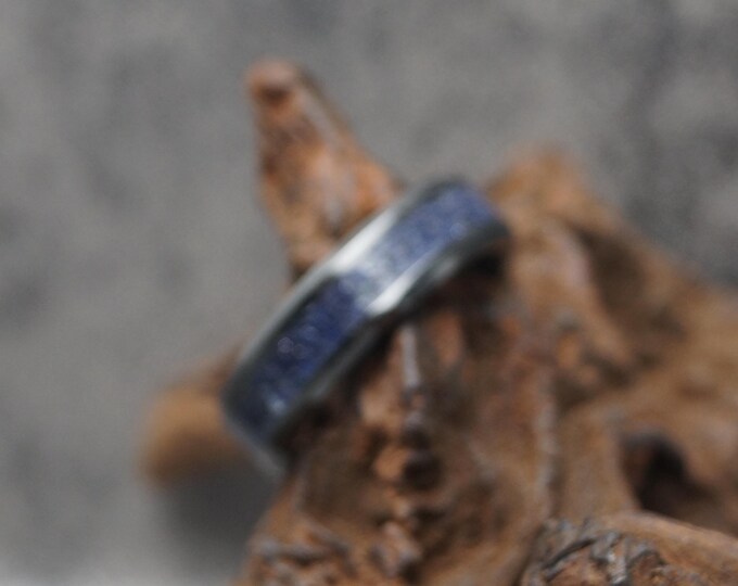 Dark Blue Goldstone Inlay Black Ceramic Wedding Band