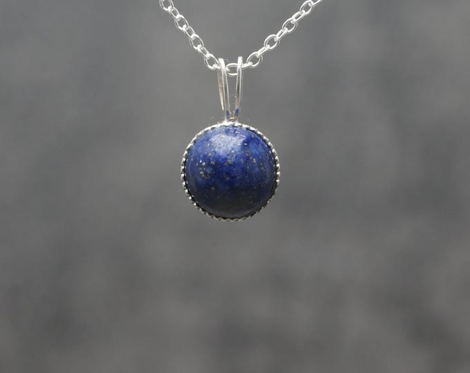Sterling Silver Round Milled Edge Lapis Lazuli Pendant & 18" Chain (chain options available) - Hallmarked 925