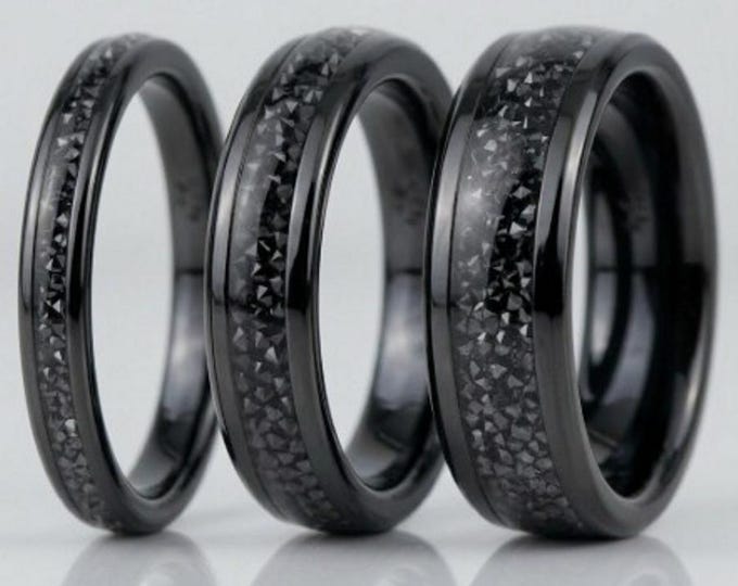Black CZ Stones Inlaid Black Ceramic Ring - Available 4mm, 6mm or 8mm wide
