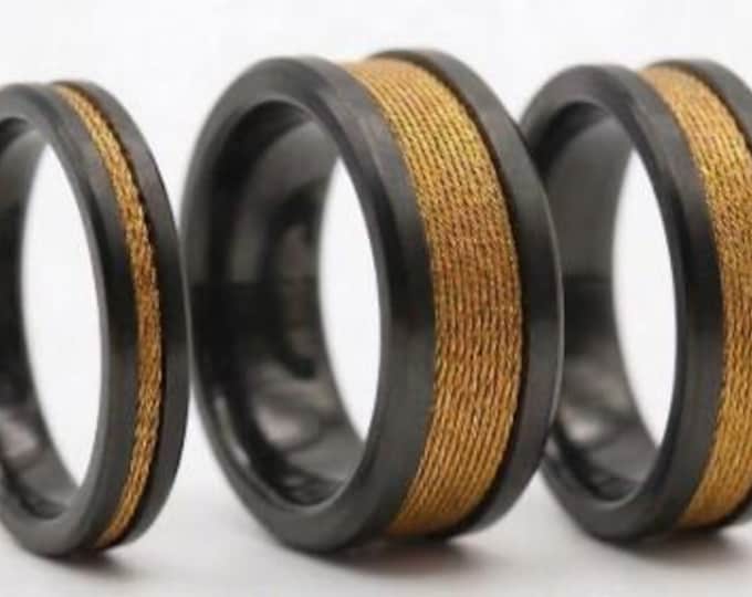 Gold fishing Line Black Ceramic ring inlaid with Genuine fishing Line - 4 mm, 6 mm or 8 mm wide ring.