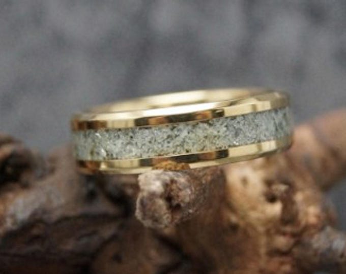 Meteorite Gold Tungsten Wedding Band with Moldavite Inlay