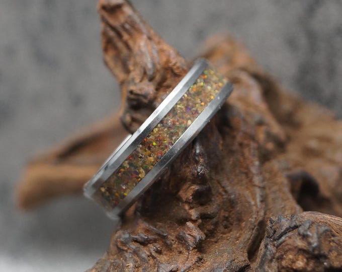 Tungsten Ring with Black Opal & Megalodon Tooth Inlay