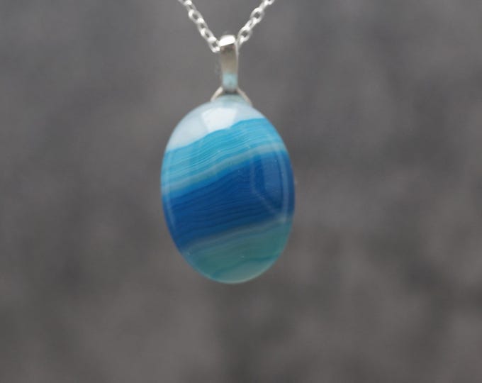 Sterling Silver Blue Agate Leaf Bail Pendant & 18" Chain (chain Options)