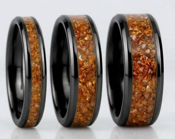 Orange CZ Stones Inlaid Black Ceramic Ring - Available 4mm, 6mm or 8mm wide