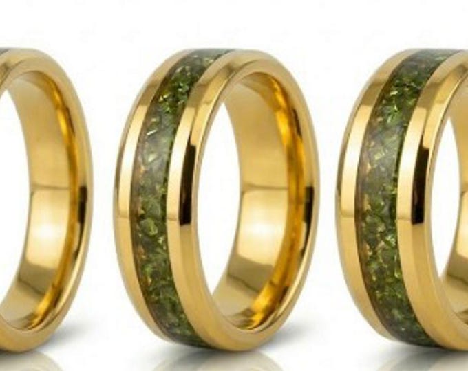 Peridot CZ Stones Inlaid Gold Tungsten Carbide Ring - Available 4mm, 6mm or 8mm wide