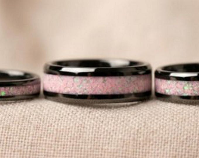 Bubble Gum Opal Black Ceramic Wedding Band: Unique Ring  - Great Gift Idea