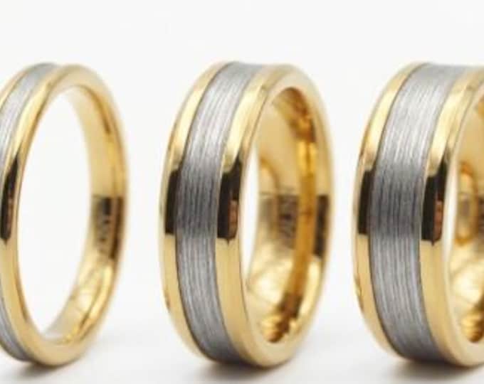 Gold Tungsten Ring with Silver Fishing Line Inlay