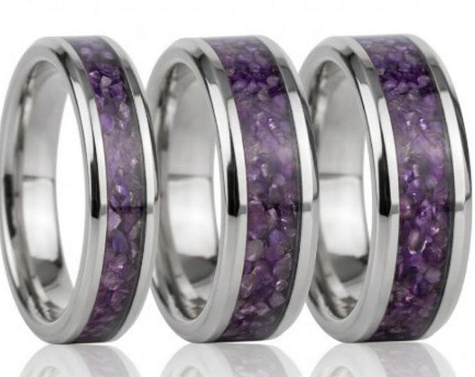 Amethyst CZ Stones Inlaid Tungsten Carbide Ring - Available 4mm, 6mm or 8mm wide