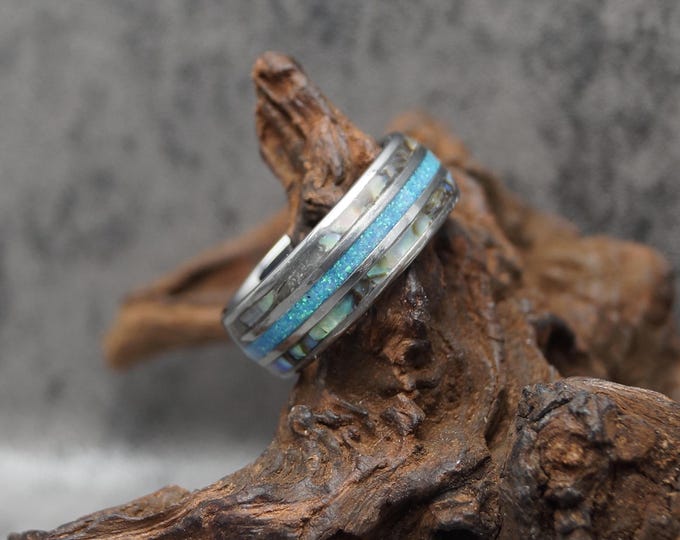 Abalone Blue Opal Tungsten Ring: Unique Wedding Band, 8mm