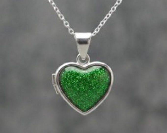 Personalised Sterling Silver Heart Locket with Green Eco-Glitter Ashes or Hair Memorial Necklace 18"