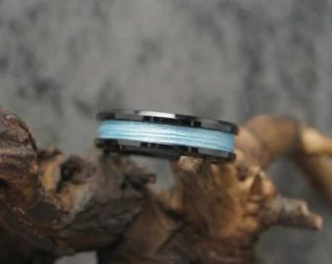Sky Blue fishing Line Black Ceramic ring inlaid with Genuine fishing Line  4 mm, 6 mm or 8 mm wide ring.