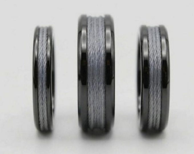 Grey Fishing Line Inlay Black Ceramic Ring - Available 4mm, 6mm or 8mm wide