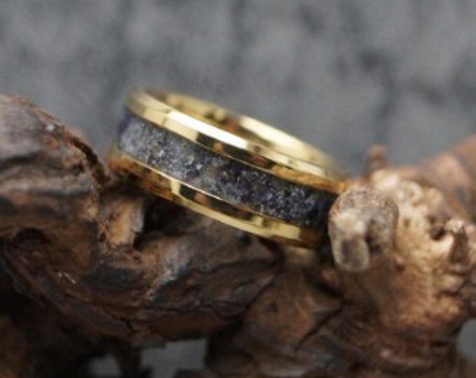 Blue John Inlay Gold Tungsten Wedding Band: Unique Ring (4mm, 6mm, 8mm)