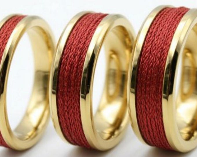 Kevlar Red Braided Line Inlaid Gold Tungsten Ring, Genuine Kevlar Line - Rings available 4 mm, 6 mm or 8 mm wide ring.