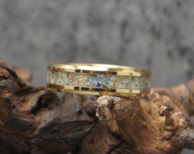 Sea Glass Inlay Gold Tungsten Carbide Wedding Band: Lyme Regis Beach Glass - Available 4, 6 or 8mm wide Ring