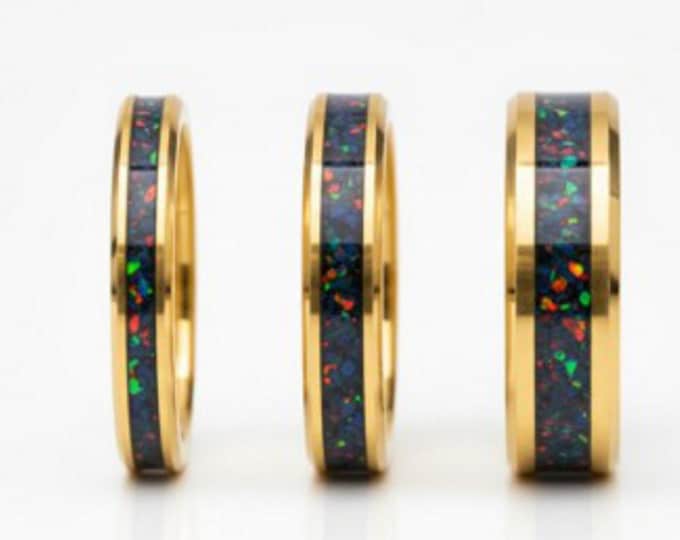 Black Opal #3 Gold Tungsten Band Unique Opal Ring For Men or Women
