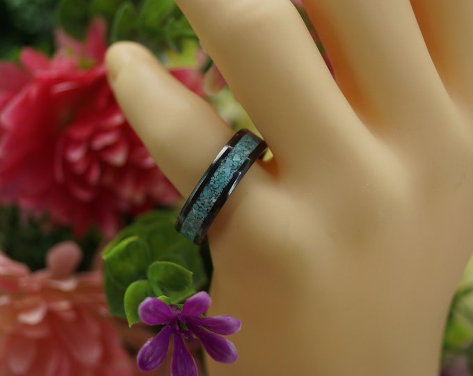 Black Ceramic ring inlaid with Natural Turquoise Wedding Band available 4 mm, 6 mm or  8 mm wide Ring - Unique Ring