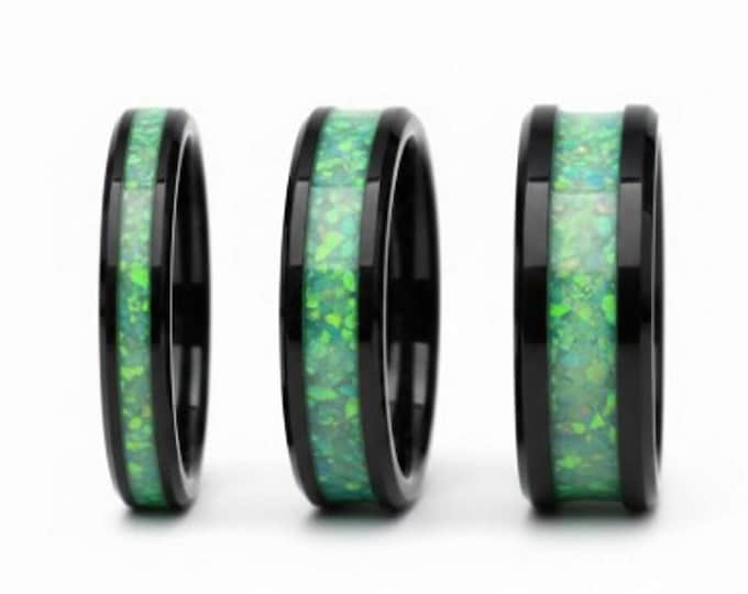 Light Green Opal Black Ceramic Ring - Unique Wedding Band