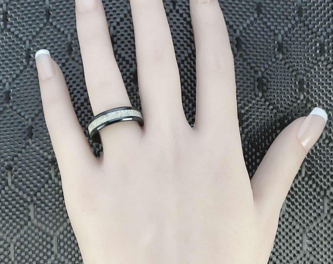Moho Beach sand from Sint Maarten, Caribbean. Inlay Black Ceramic Wedding Band 4 mm, 6 mm or  8 mm Wide Rings - Unique Ring