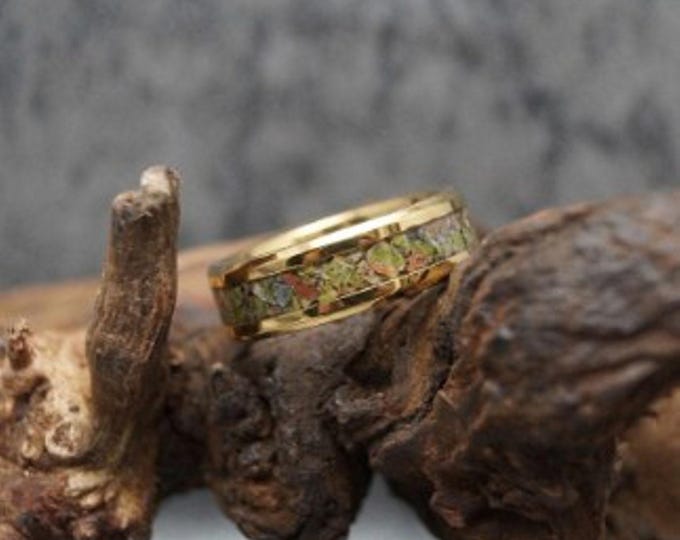 Unakite Gold Tungsten Ring - Wedding Band - Natural Unakite Inlay Ring - 4, 6, 8mm wide