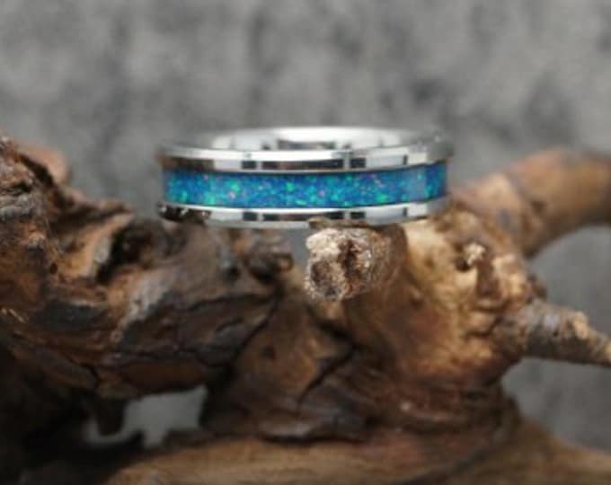 Blue Pacific Opal Tungsten Ring - Unique Wedding Band