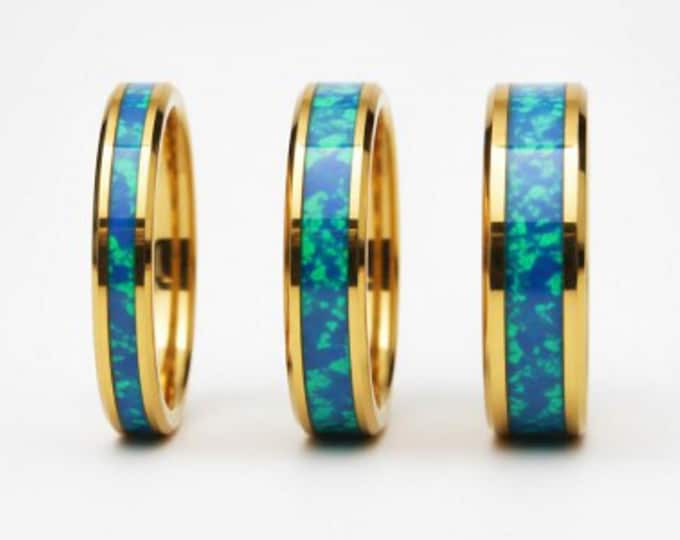 Aqua Opal Gold Tungsten Ring - Unique Opal Band for Men or Women