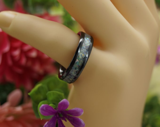 Black Ceramic ring inlaid with Aurora Constellation Eco-Glitter Wedding Band 4 mm, 6 mm or 8 mm wide ring - Unique Ring