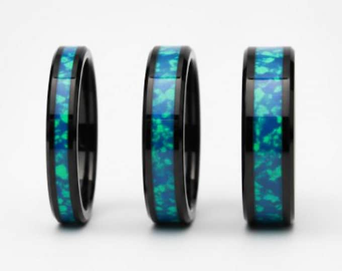 Blue Pacific Opal Black Ceramic Ring - Unique Wedding Band