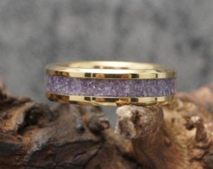 Amethyst Inlay Gold Tungsten Carbide Ring - Unique Band