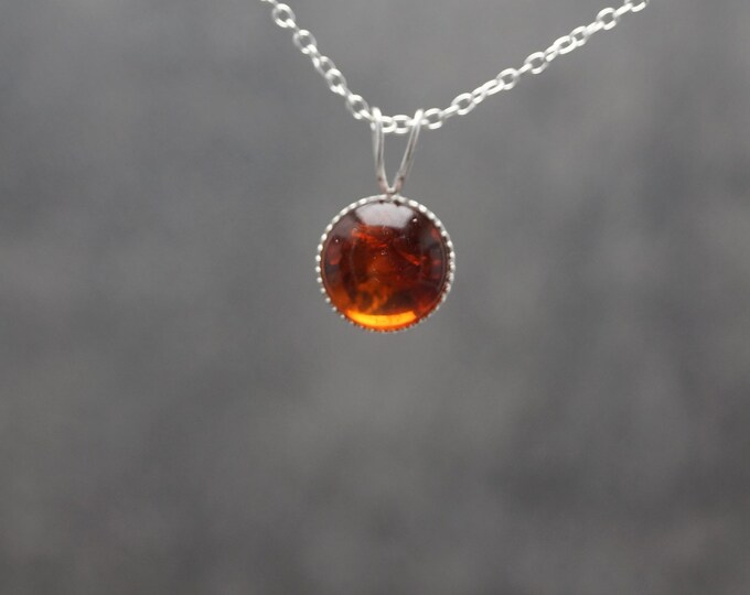 Amber Sterling Silver Pendant Necklace: Milled Edge, Hallmarked 925