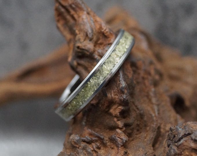 Meteorite Tungsten Wedding Band with Moldavite Inlay