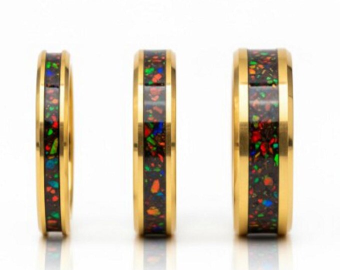 Black Opal #4 Gold Tungsten Unique Opal Ring For Men or Women