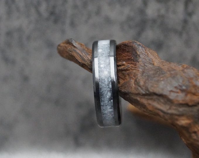 White Moonstone Black Ceramic Wedding Band: Unique Crystal Ring