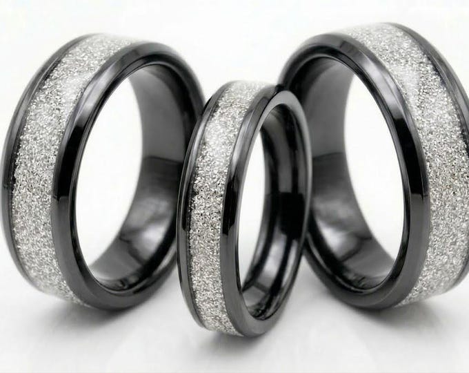 White CZ Stones Inlaid Black Ceramic Ring - Available 4mm, 6mm or 8mm wide
