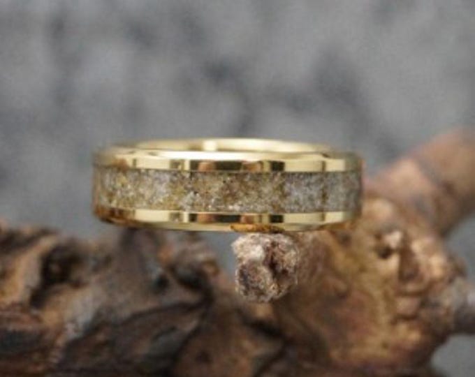 Blood Amber Inlay Gold Tungsten Carbide Ring, Unique Wedding Band