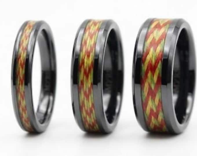 Spider-Line Yellow Red fishing Line Black Ceramic ring inlaid with Genuine fishing Line - UV Glow Ring 4 mm, 6 mm or 8 mm wide ring.