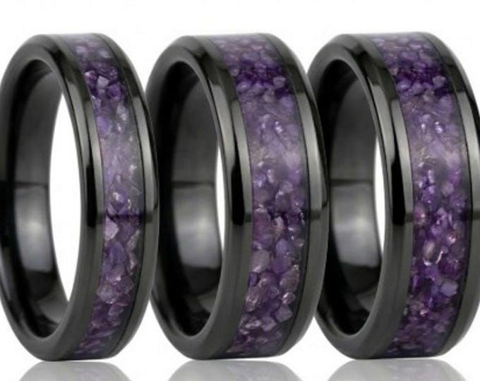 Amethyst CZ Stones Inlaid Black Ceramic Ring - Available 4mm, 6mm or 8mm wide